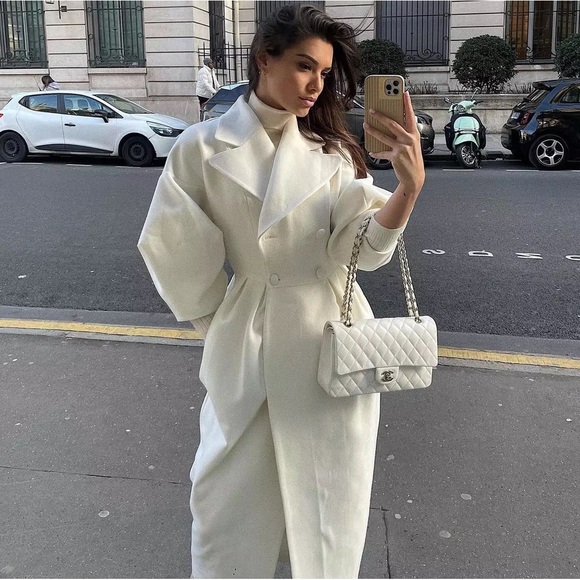 Coat white runway fashion button V-neck long puff lantern sleeve womens - Picture 5 of 9